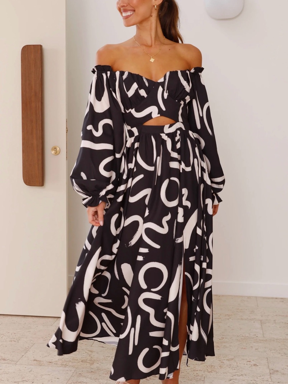 Off-Shoulder Black & White Patterned Maxi Dress with Side Slit - Picture 2 of 13